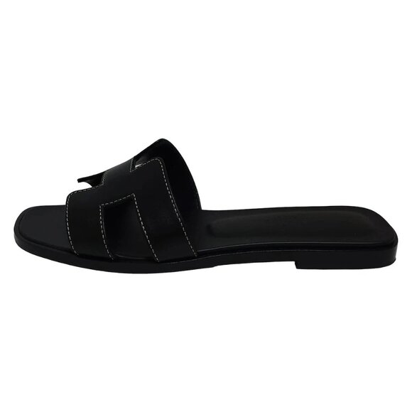 HERMES Oran - Black Leather Women's Sandals 645-081625 - Picture 1 of 6